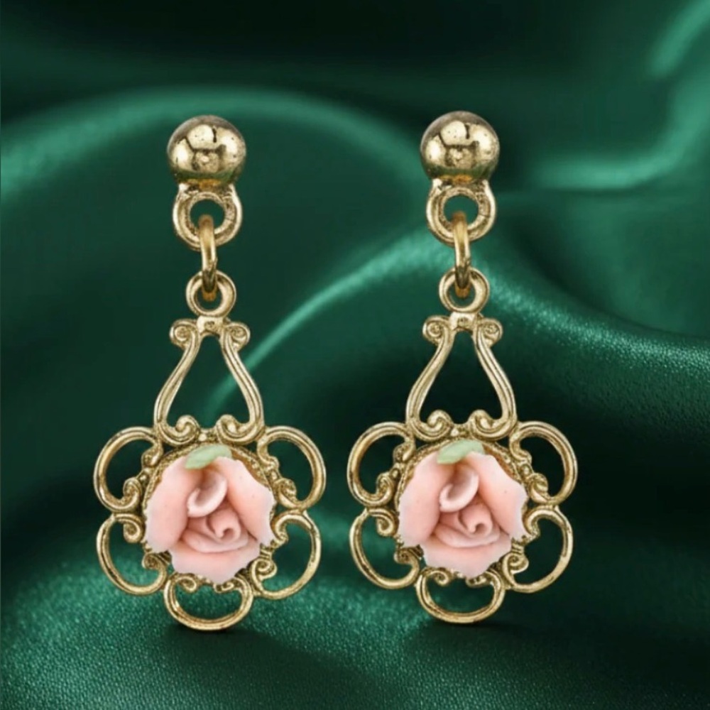 1928 Jewelry Pink Porcelain Rose Drop Earrings
